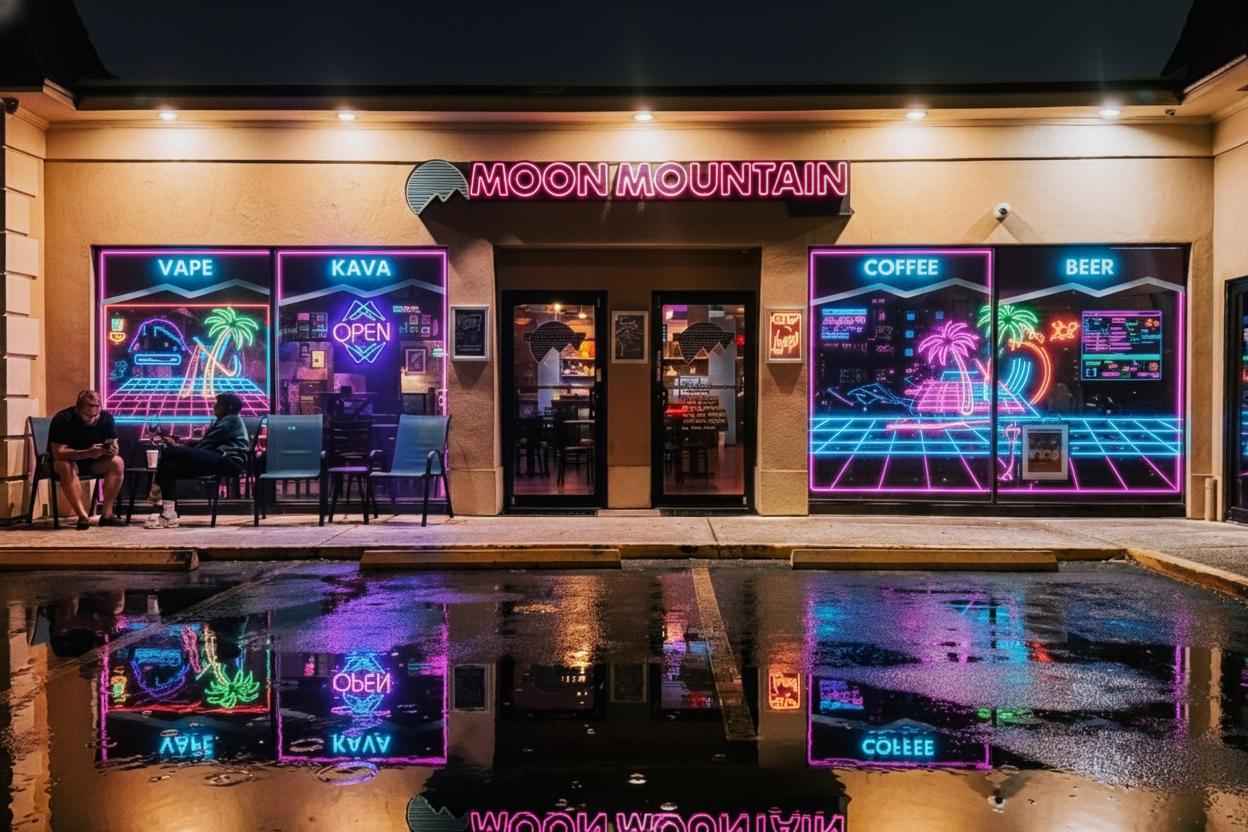 image of a storefront in brandon florida that has vapes, kava, coffee, beer